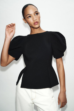 ZARA ТОП С ОБЪЕМНЫМИ РУКАВАМИ, ЧЕРНЫЙ