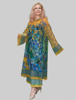 Полупрозрачное платье-туника с капюшоном «Ирисы», принт по мотивам картины Ван Гога "Ваза с ирисами на жёлтом фоне"