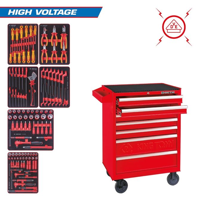KING TONY (934-117MRVE) Набор инструментов "HIGH VOLTAGE" в красной тележке, 117 предметов