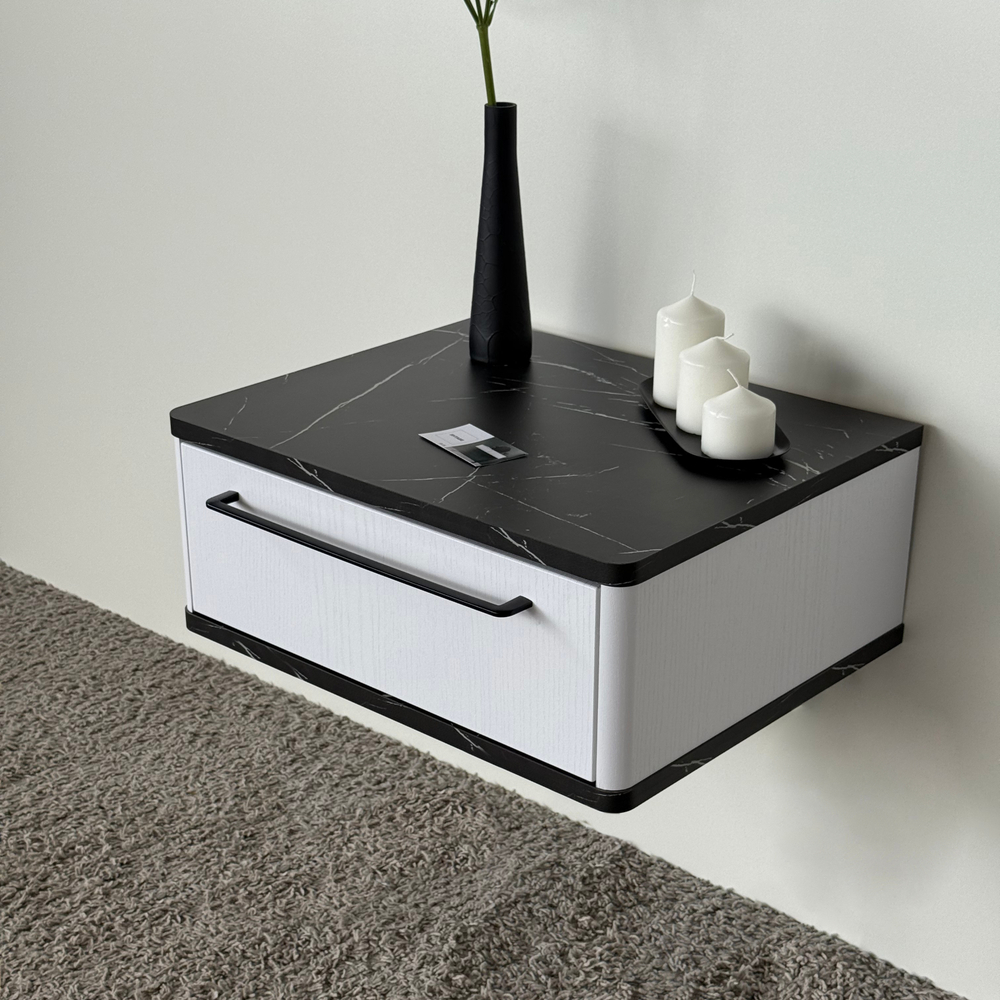 Тумба прикроватная подвесная ROYAL 5200 эко (Мрамор Неро-р.черная)