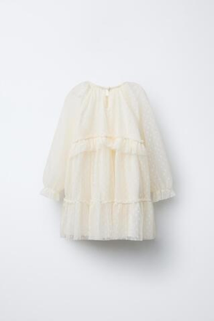 ZARA ПЛАТЬЕ С ОБОРКАМИ В ГОРОШЕК, ЭКРЮ