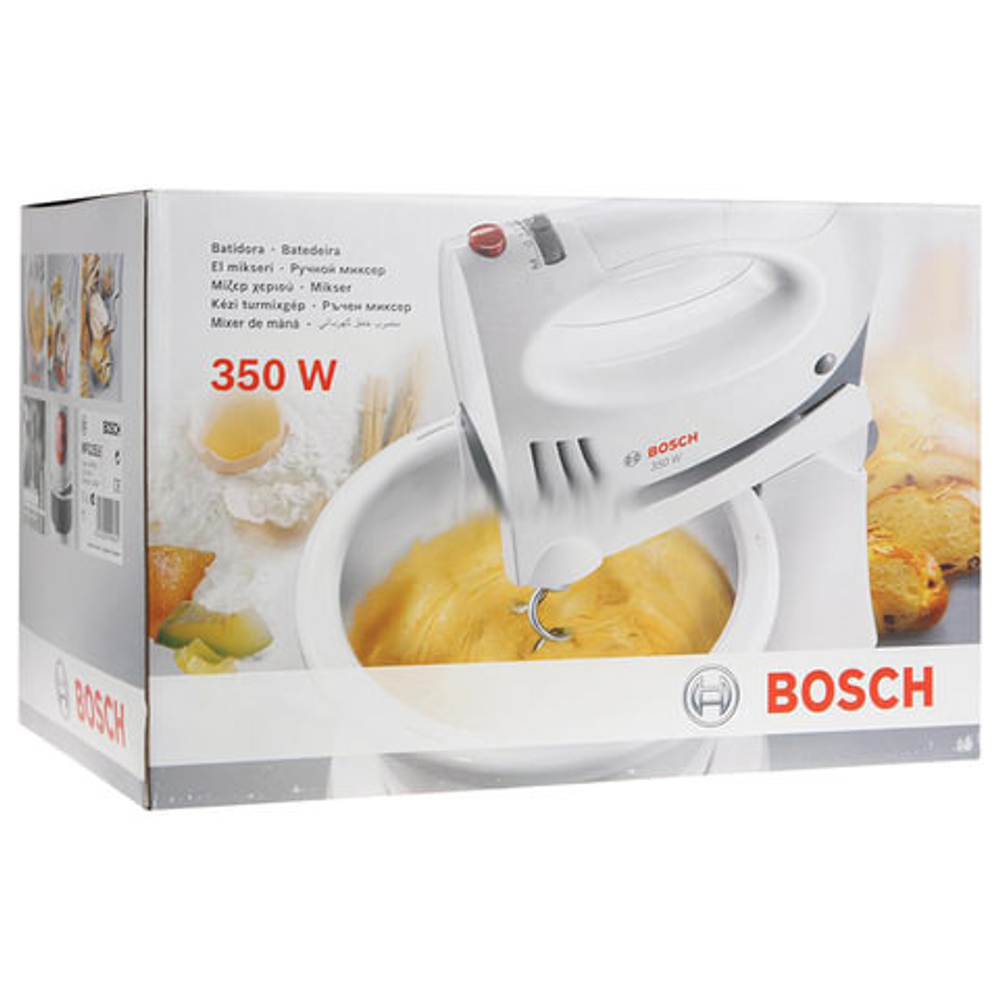 Миксер BOSCH MFQ3555, мощность 350 Вт, 5 скоростей, 2 венчика, 2 крюка для теста, подставка с чашей, белый
