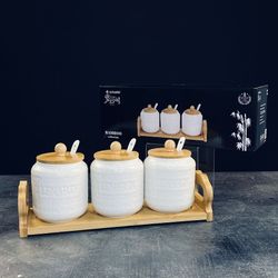 Lenardi 140-119 Набор из 3 банок 350мл для специй с ложками на подставке BAMBOO в под.уп.(х16)Фарфор