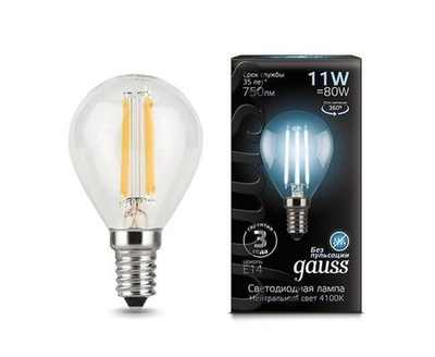 Лампа Gauss Filament Шар G45 E14 11W 750lm 4100K 4K прозрачный филамент (нитевидная) 105801211
