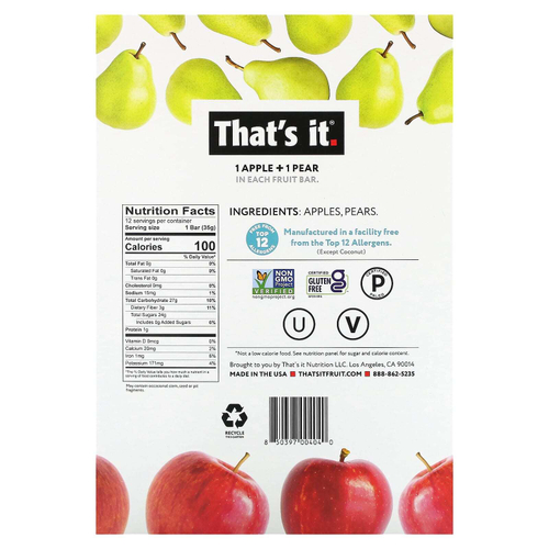 That's It, фруктовый батончик, яблоко и груша, 12 батончиков по 35 г (1,2 унции)