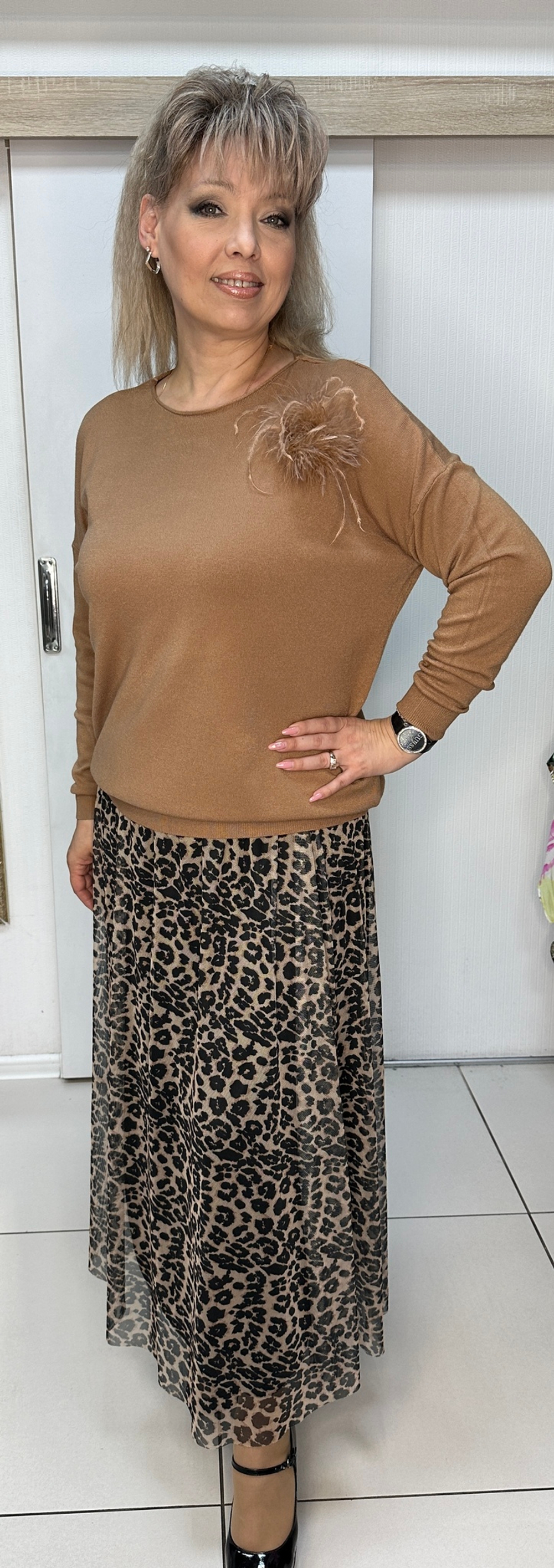 Итальянская двойная юбка на мягком поясе под леопард