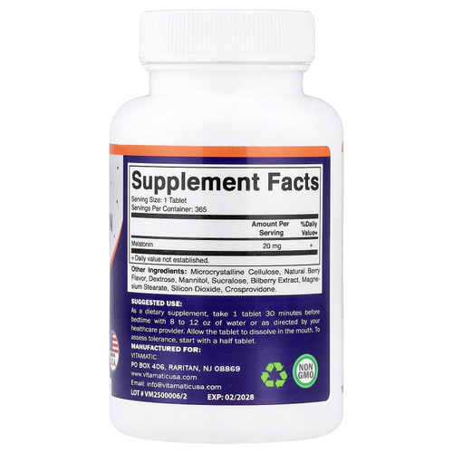 Vitamatic, Мелатонин, натуральные ягоды, 20 мг, 365 быстро растворяющихся таблеток