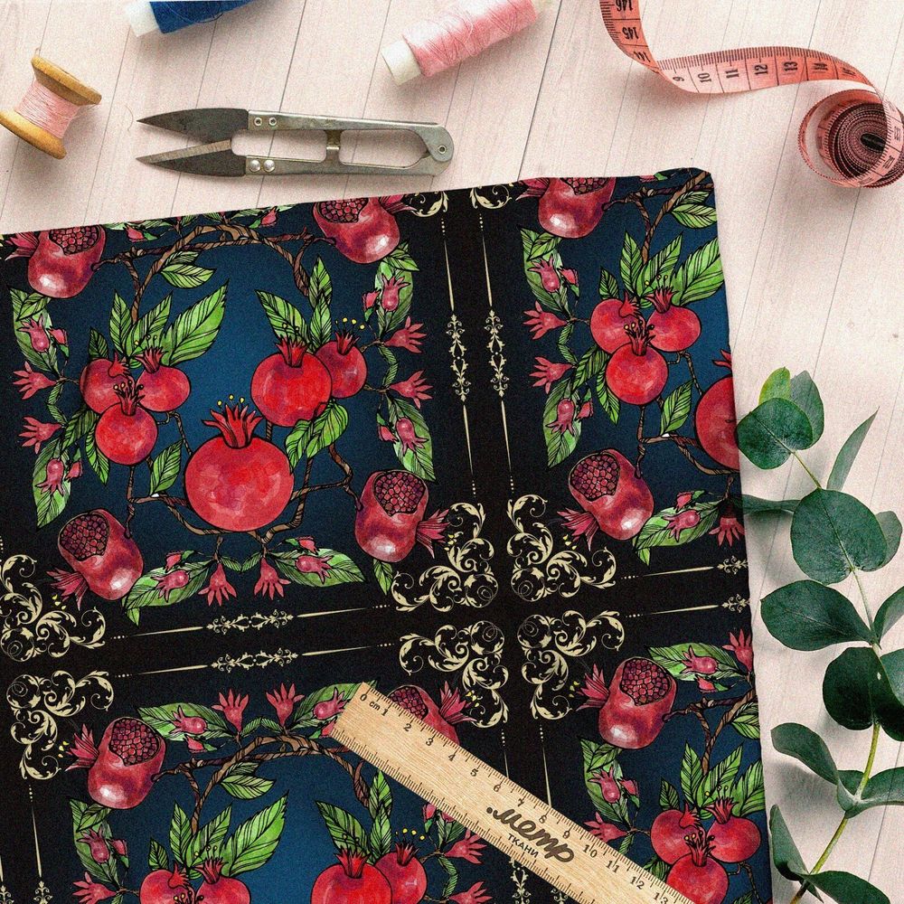 Ткань мембрана красные гранаты с листьями