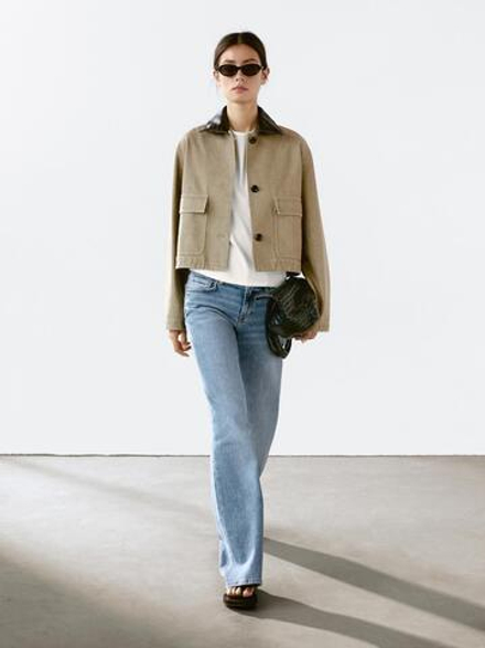 Massimo Dutti Куртка со съемным кожаным воротником, песочный