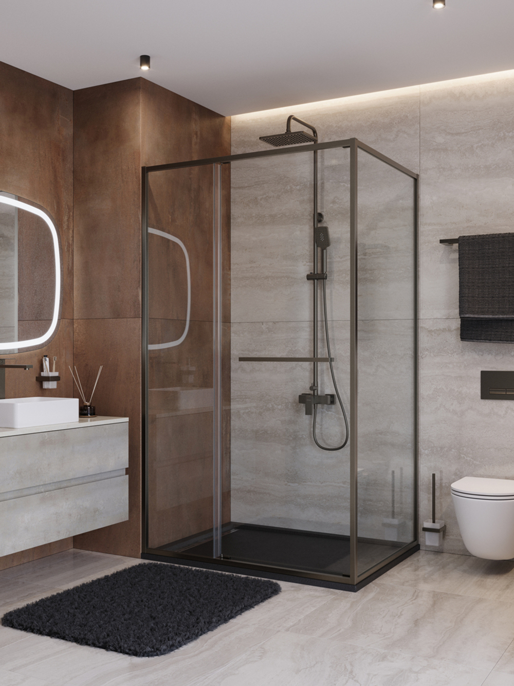 Душевой уголок Cezares LUX-AH-FS-11-120/100-C-GM, 120х100х195, профиль оружейная сталь, стекло прозрачное