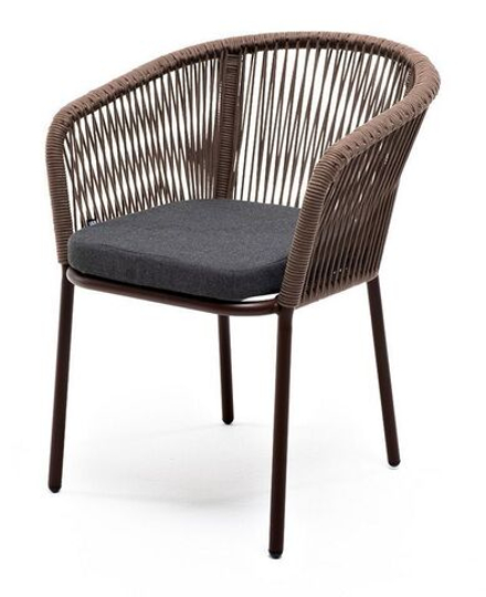 "Марсель" стул плетеный из роупа, каркас алюминий коричневый (RAL8016) шагрень, роуп коричневый круглый, ткань темно-серая 027