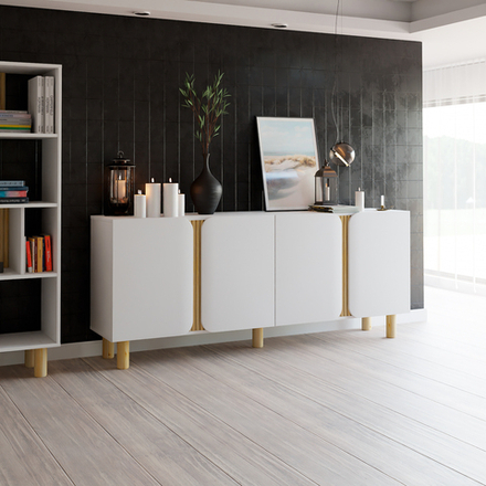 Комод широкий Ола 4 двери, с деревянными вставками, белый