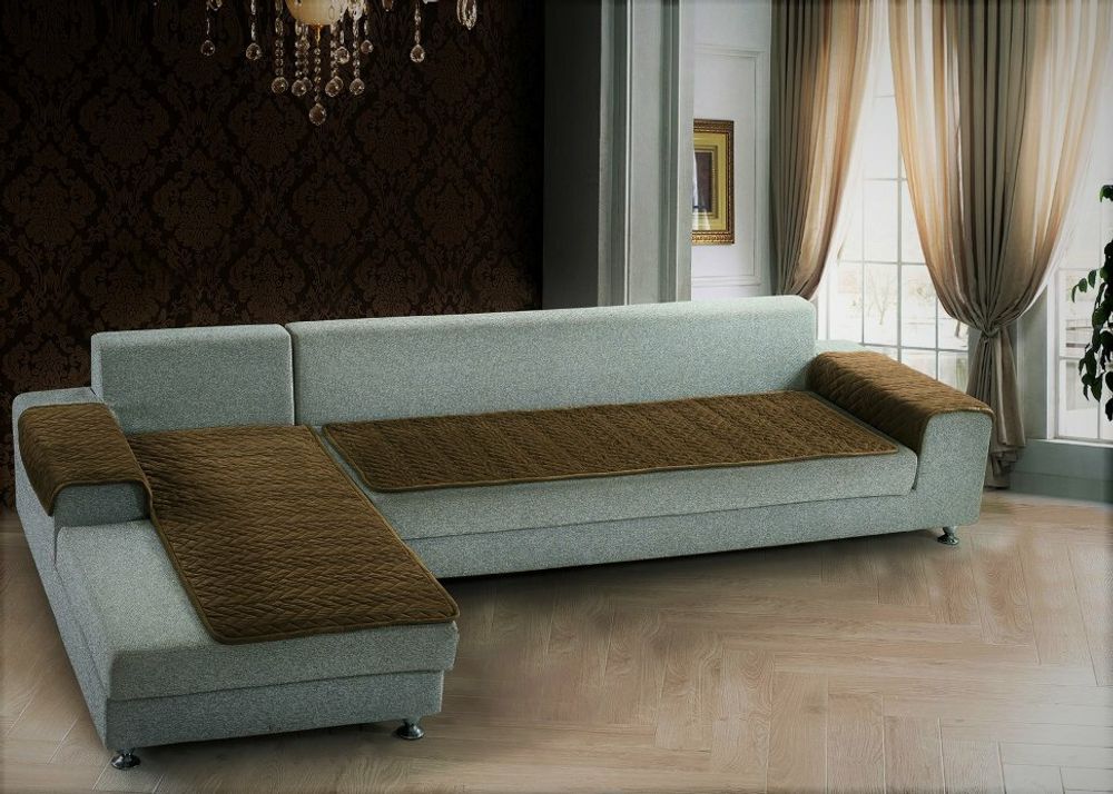 Дивандеки накидки на угловой диван с оттоманкой и подлокотниками Паркет Шоколад