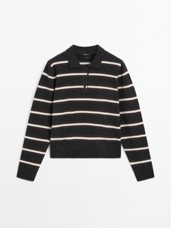 Massimo Dutti Свитер поло из 100% кашемира в полоску, коричневый