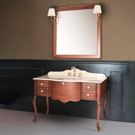 Комплект мебели LINOSA Тумба под раковину 121*58*80 см + Столешница 121*60*2 см с 3 отв. под смеситель, камень Aventino Tres + Смеситель на 3 отверстия с д/кл для раковины bronzato/ручки дерев + Зеркало в раме 98*100 см, орех