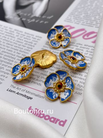 Пуговицы Скиапар. золотистые в форме цветка с белой и синей эмалью