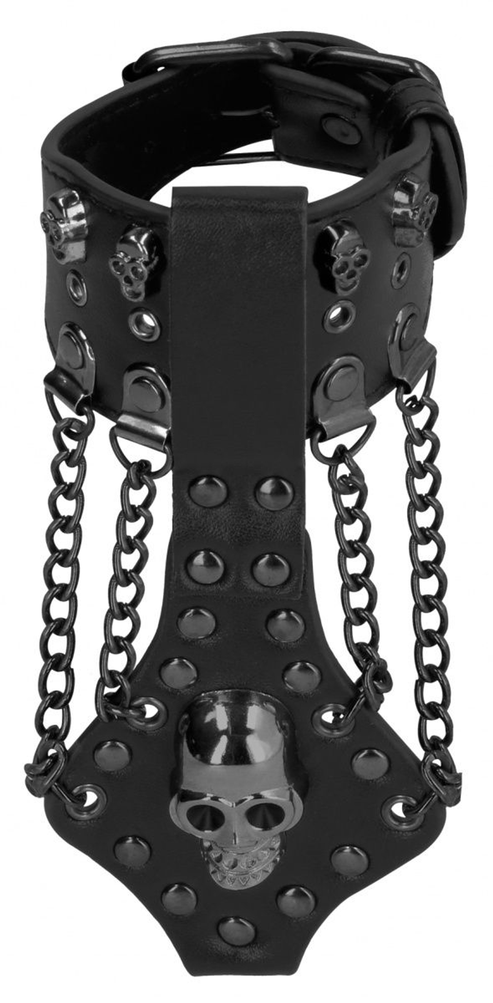 Черный браслет с металлической фурнитурой и черепами (Цвет: черный)