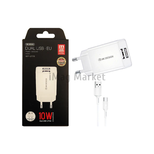 Сетевое зарядное устройство WK Design WP-U119a, 2 USB-A, 10W, 2A + кабель Type-C, 1 м, белый