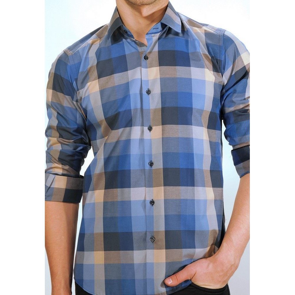 Мужская рубашка синяя в клетку приталенная MAZZARO SLIM FIT M2211-1