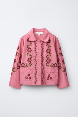 ZARA КУРТКА-РУБАШКА ИЗ ХЛОПКА И ЛЬНА С ВЫШИВКОЙ КРЕСТИКОМ, ЦВЕТ РОЗОВОГО МЕЛА