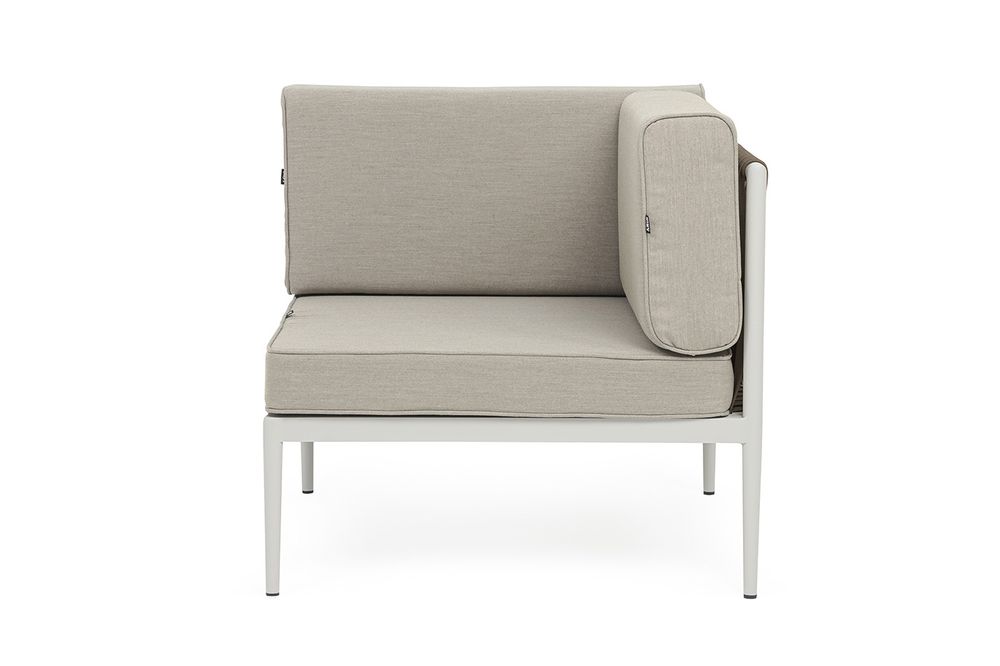 "Касабланка" угловой модуль плетеный из роупа, каркас алюминий светло-серый (RAL7035) муар, роуп серо-коричневый 23мм, ткань бежевая 15052