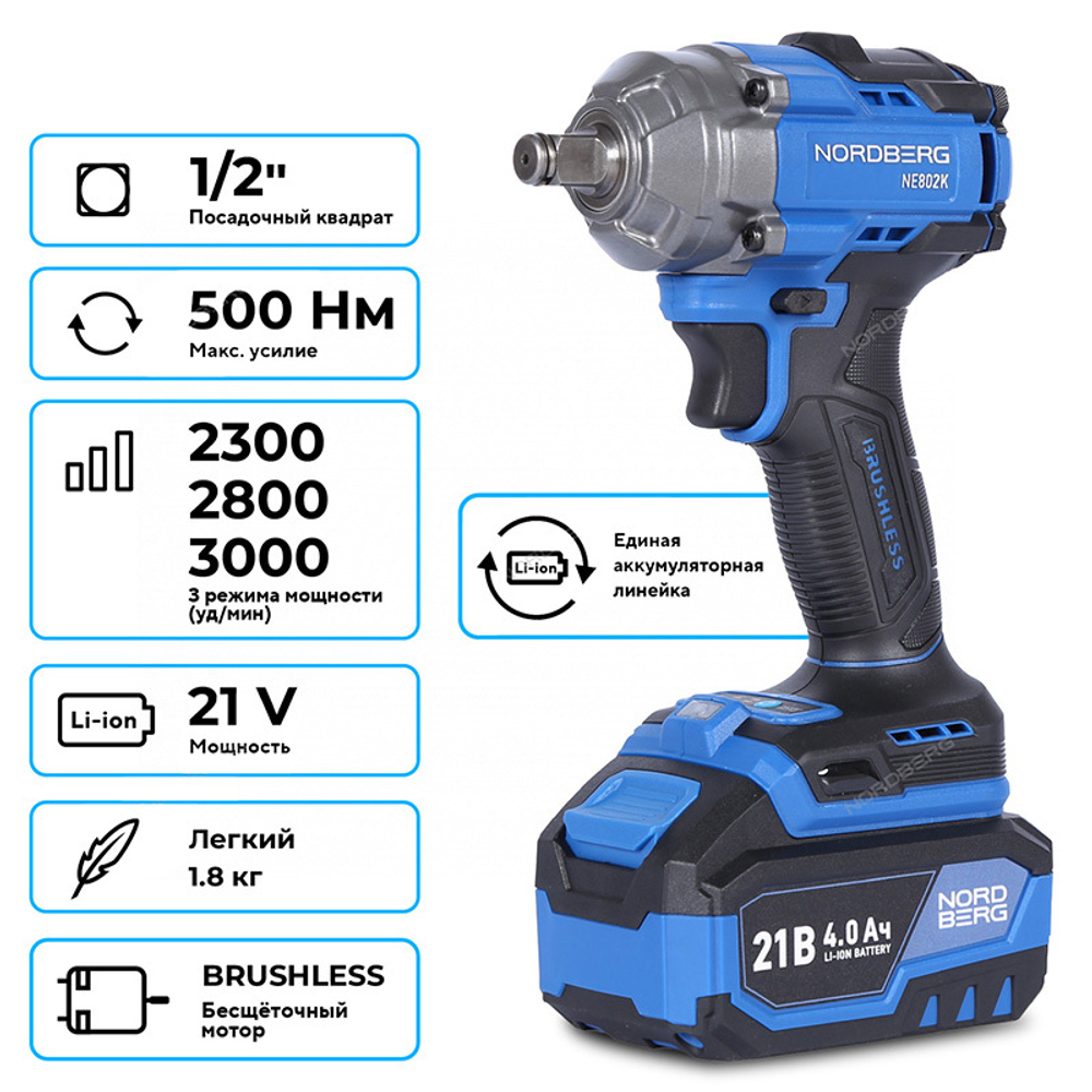 NORDBERG (NE802K) Гайковерт аккумуляторный, 1/2", 21В, 500 Нм с двумя 4A акк. и зар. уст-вом, в кейсе