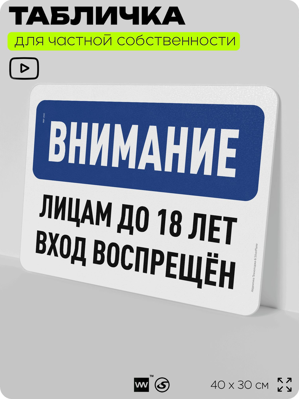 Табличка для частной территории "Внимание, лицам до 18 лет вход воспрещен", на дом, для участка, организаций и частных территорий, предупреждающая, 40х30 см, Silver Plane x Айдентика Технолоджи