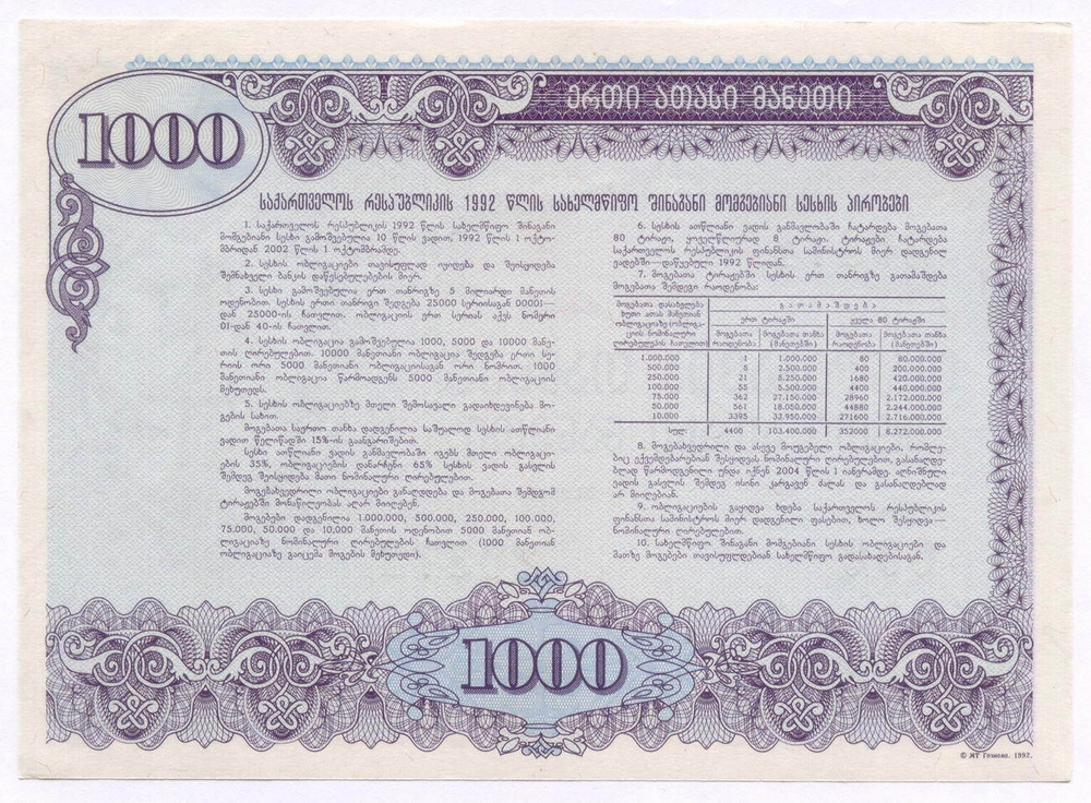 Грузия облигация 1000 рублей 1992 год. Серия № 20374. XF-AU