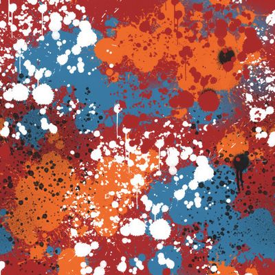 Брызги и кляксы, оранжевый, синий, белый на кирпичном