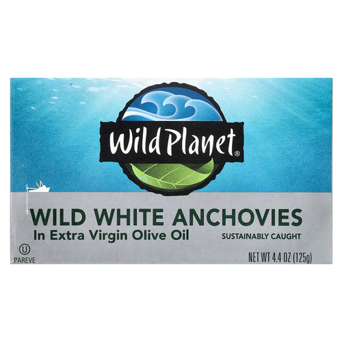 Wild Planet, Выловленные в диких условиях белые анчоусы в оливковом масле первого холодного отжима, 4,4 унц.(125 г)