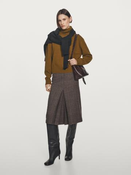 Massimo Dutti Юбка миди в клетку из 100% шерсти, коричневый
