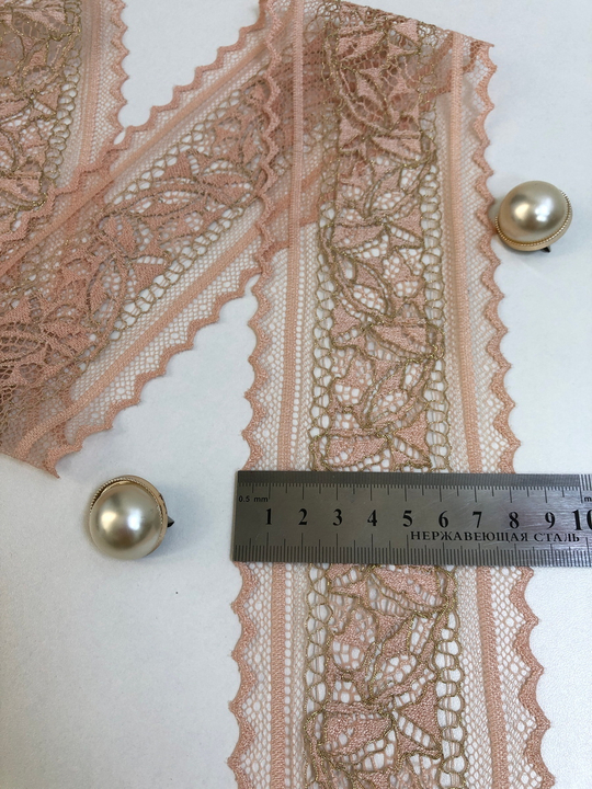 кружево пудра,  8,0см, стрейч, люрекс золото ING
