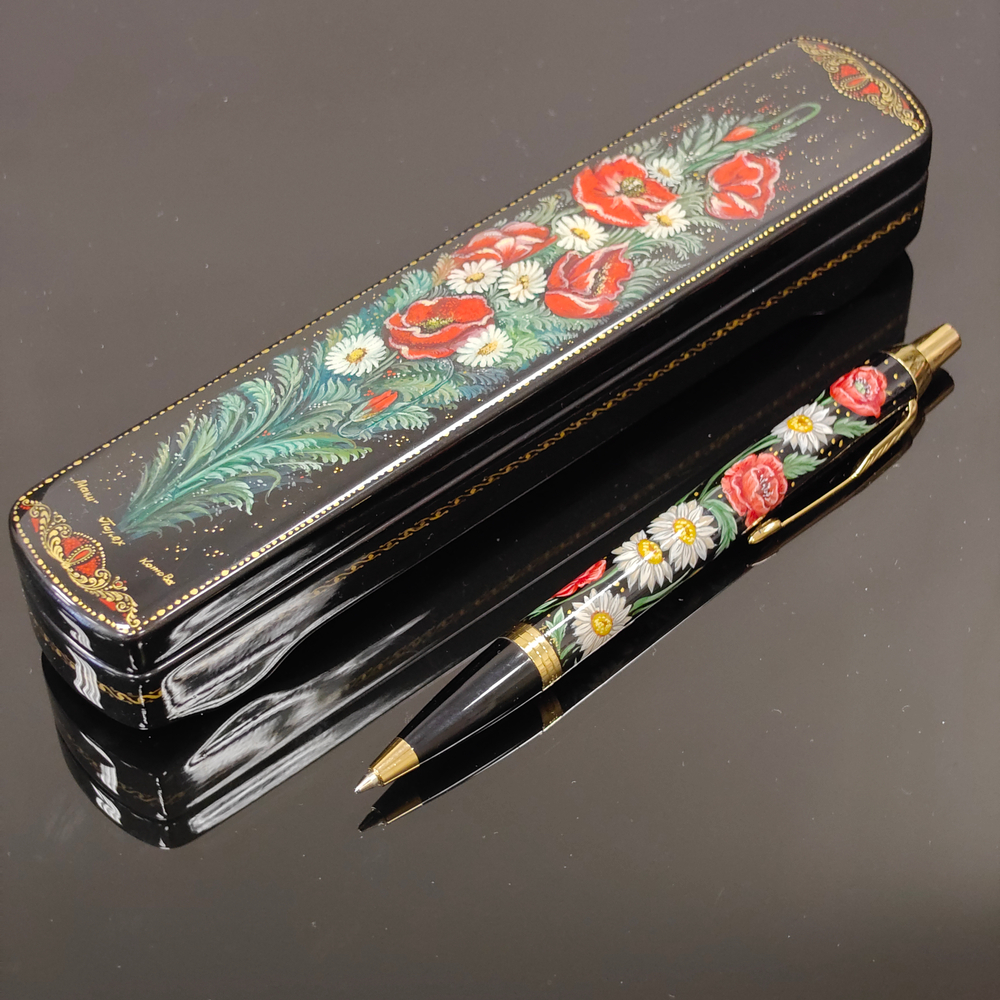 Ручка Паркер в шкатулке с ручной росписью "Ромашки и маки"