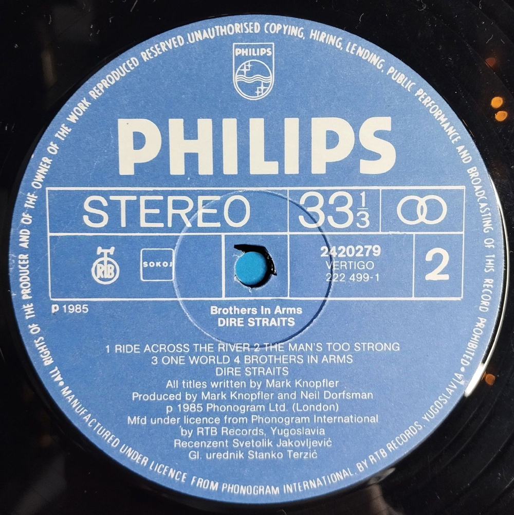 Винтажная виниловая пластинка LP Dire Straits Brothers In Arms (Югославия 1985)