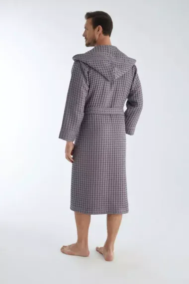 Вафельный мужской халат с капюшоном 1325 серый NUSA