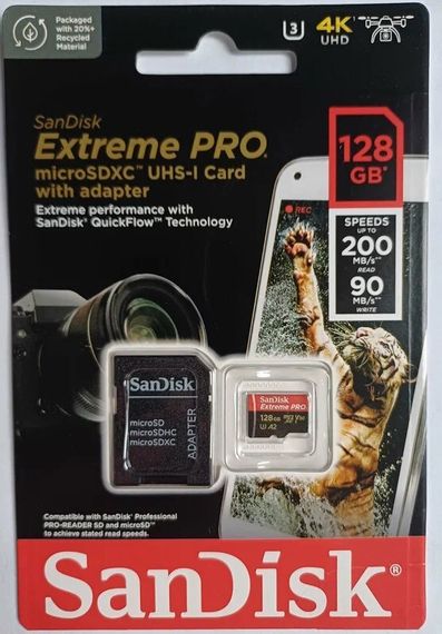 Карта памяти SanDisk microSDXC 128 ГБ Class 10, V30, A2, UHS-I U3, адаптер на SD
