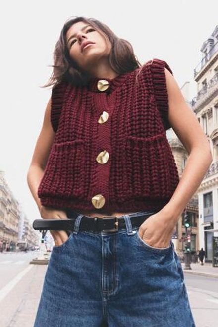 ZARA ЖИЛЕТ КРУПНОЙ ВЯЗКИ, ЦВЕТ БУРГУНДСКОГО ВИНА