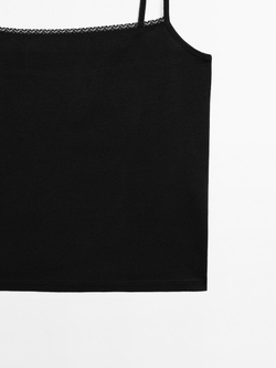 Massimo Dutti Трикотажный топ на бретелях с кружевом, черный