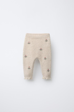 ZARA БРЮКИ С ВЫШИВКОЙ В ВИДЕ ЦВЕТОВ, СВЕТЛО-БЕЖЕВЫЙ