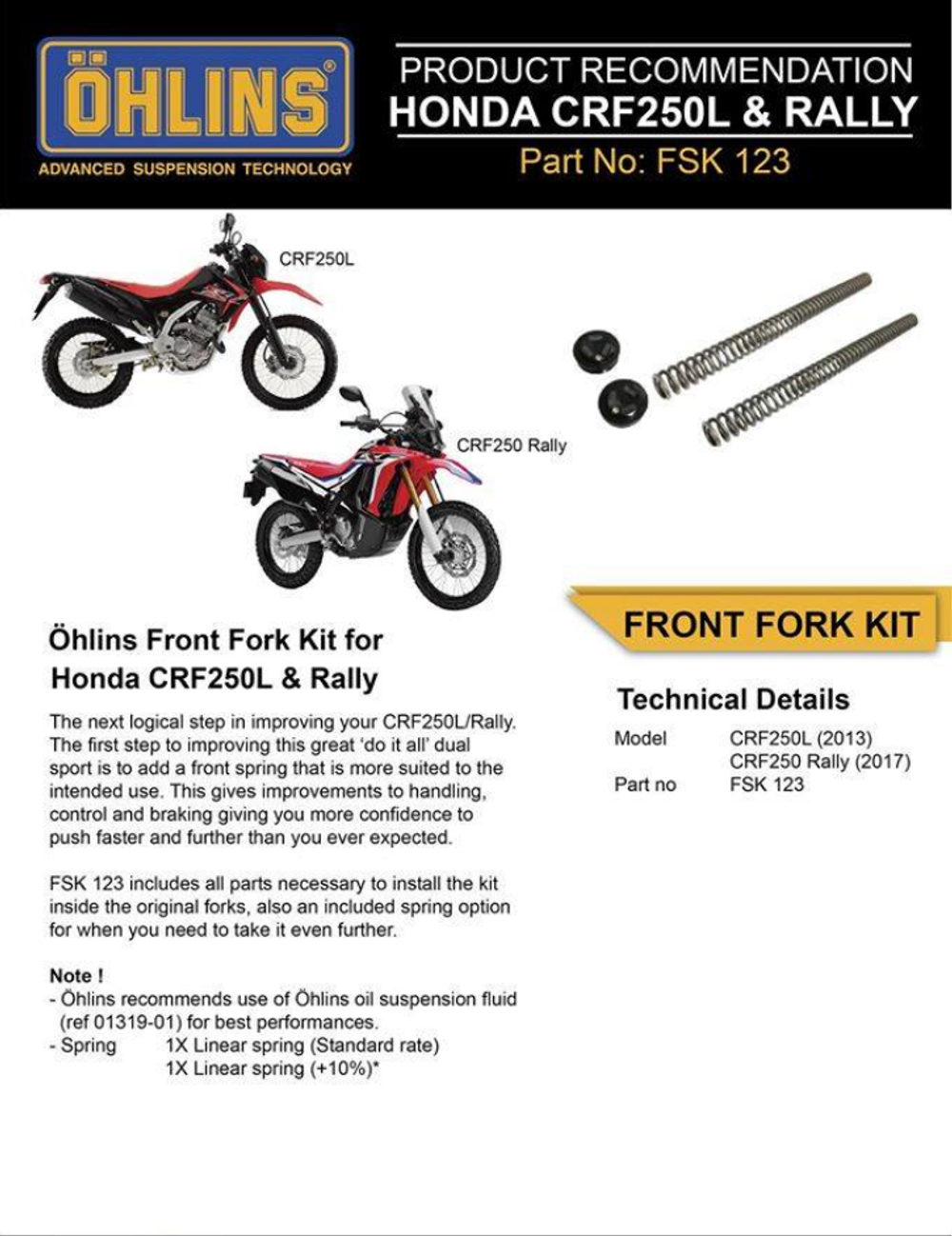 FSK123 Front Fork Spring Kit for Honda CRF250L-Rally. Ohlins.