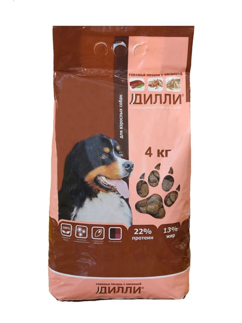 Сухой корм Дилли для взрослых собак всех пород, говяжья печень, 4 кг