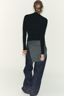 ZARA ФУТБОЛКА В РУБЧИК С ДЛИННЫМИ РУКАВАМИ, ЧЕРНЫЙ