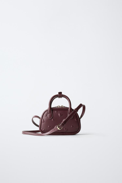 ZARA МИНИ-СУМКА-БОУЛИНГ С СЕРДЕЧКАМИ, БОРДОВО-КРАСНЫЙ