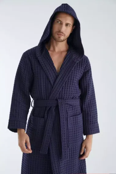 Вафельный мужской халат 1325 синий  NUSA Турция