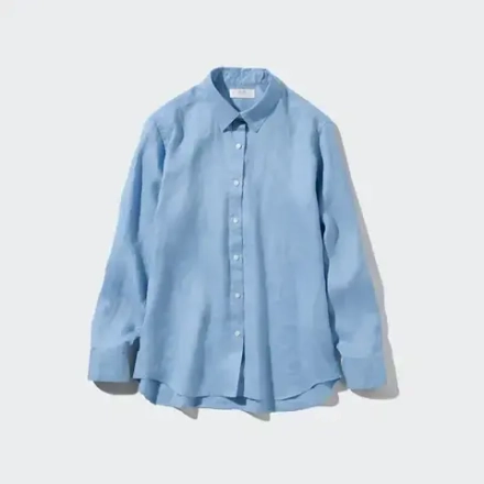 UNIQLO ЛЬНЯНАЯ РУБАШКА 100% ПРЕМИУМ-КЛАССА, ГОЛУБОЙ