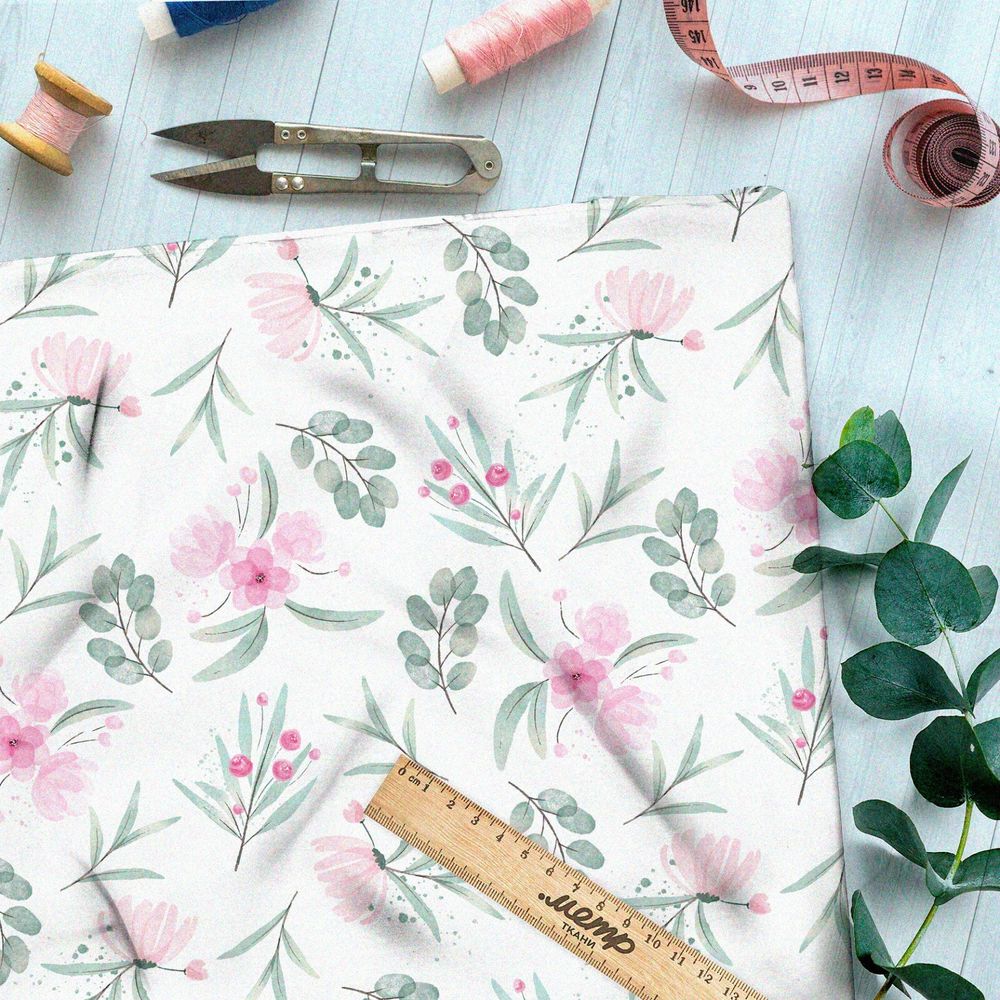 Ткань шелк Армани акварельные бледные цветы и листья