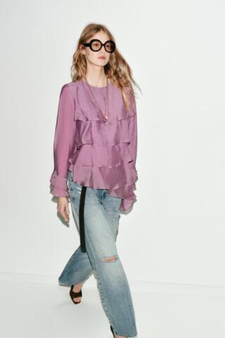 ZARA АСИММЕТРИЧНЫЙ ТОП С ВОЛАНАМИ, ЦВЕТ МАЛЬВЫ