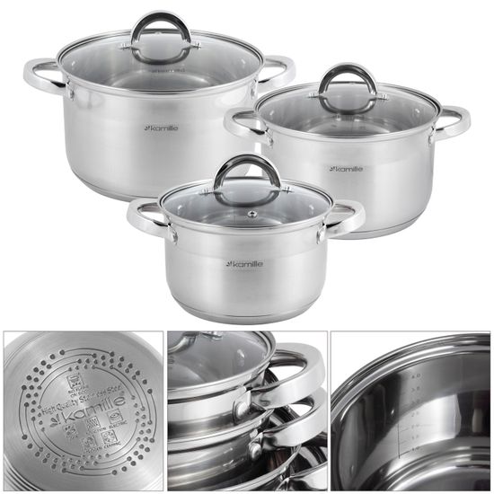 Набор кастрюль 6 предметов Kamille KM-5630S (4,5 л; 5,8 л; 7,8 л) из нержавеющей стали
