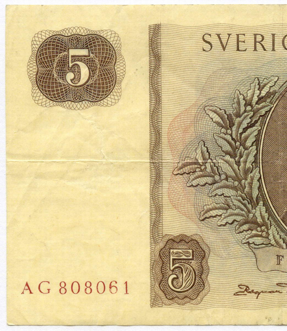Банкнота Швеция 5 крон 1963 год AG 808061. VF