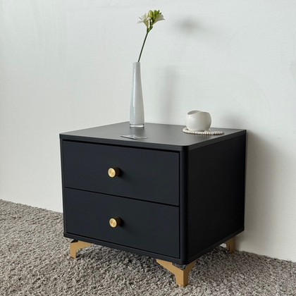 Тумба прикроватная на ножках с ящиками ROYAL 5303 эко (Черный-Золото-р.золото)